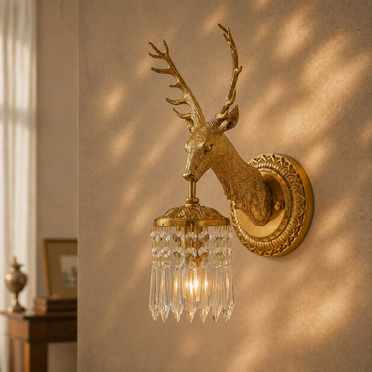 Alaric Vintage Brass Stag Crystal Wall Sconce