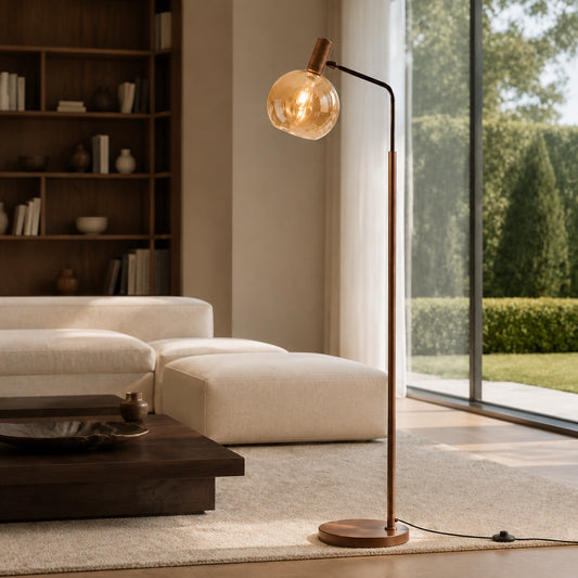 Sylvako Mid‑Century Amber Glass Globe Floor Light