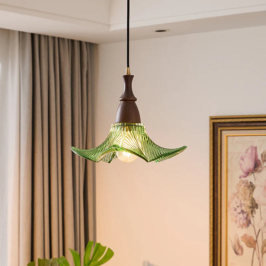 Adikia Modern Wood Artistic Glass Floral Pendant Light