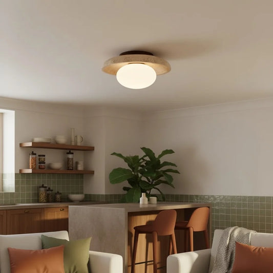 Alaey Modern Travertine Glass Round Dome Ceiling Light