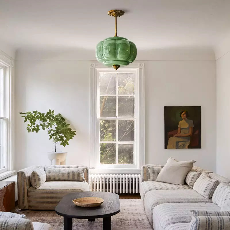 Lumi Antique Brass Green Glass Pumpkin Semi-Flush Mount Eloise Pendant