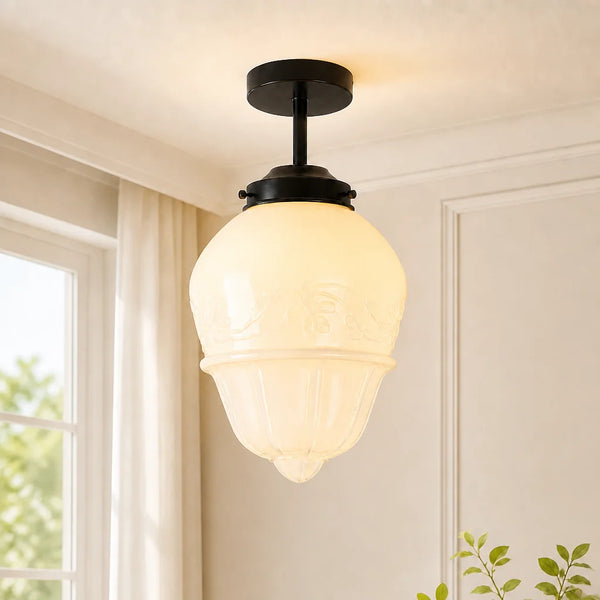 Audrey Art Deco Milk Glass Semi Flush Mount Ceiling Light