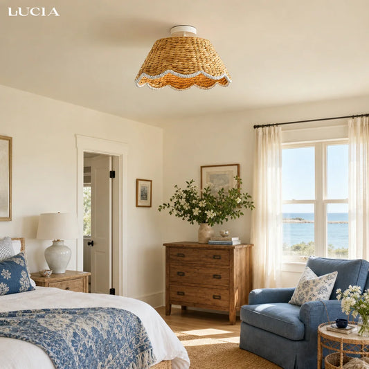 Bohemian Style Scallop Rattan Flush Mount Ceiling Light