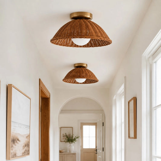 Briseis Farmhouse Rattan Disc Flush Mount Ceiling Light