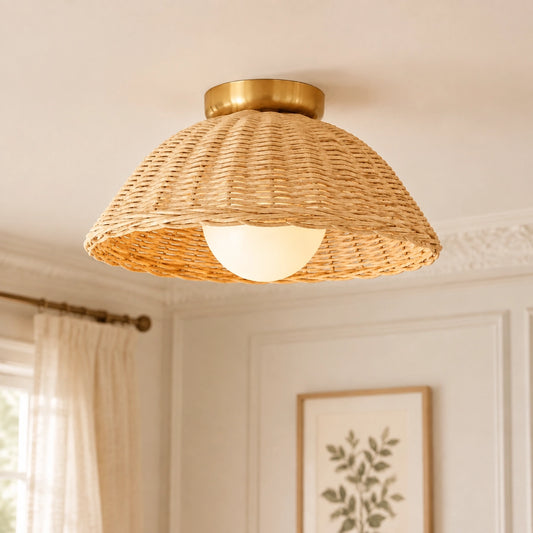 Briseis Farmhouse Rattan Disc Flush Mount Ceiling Light