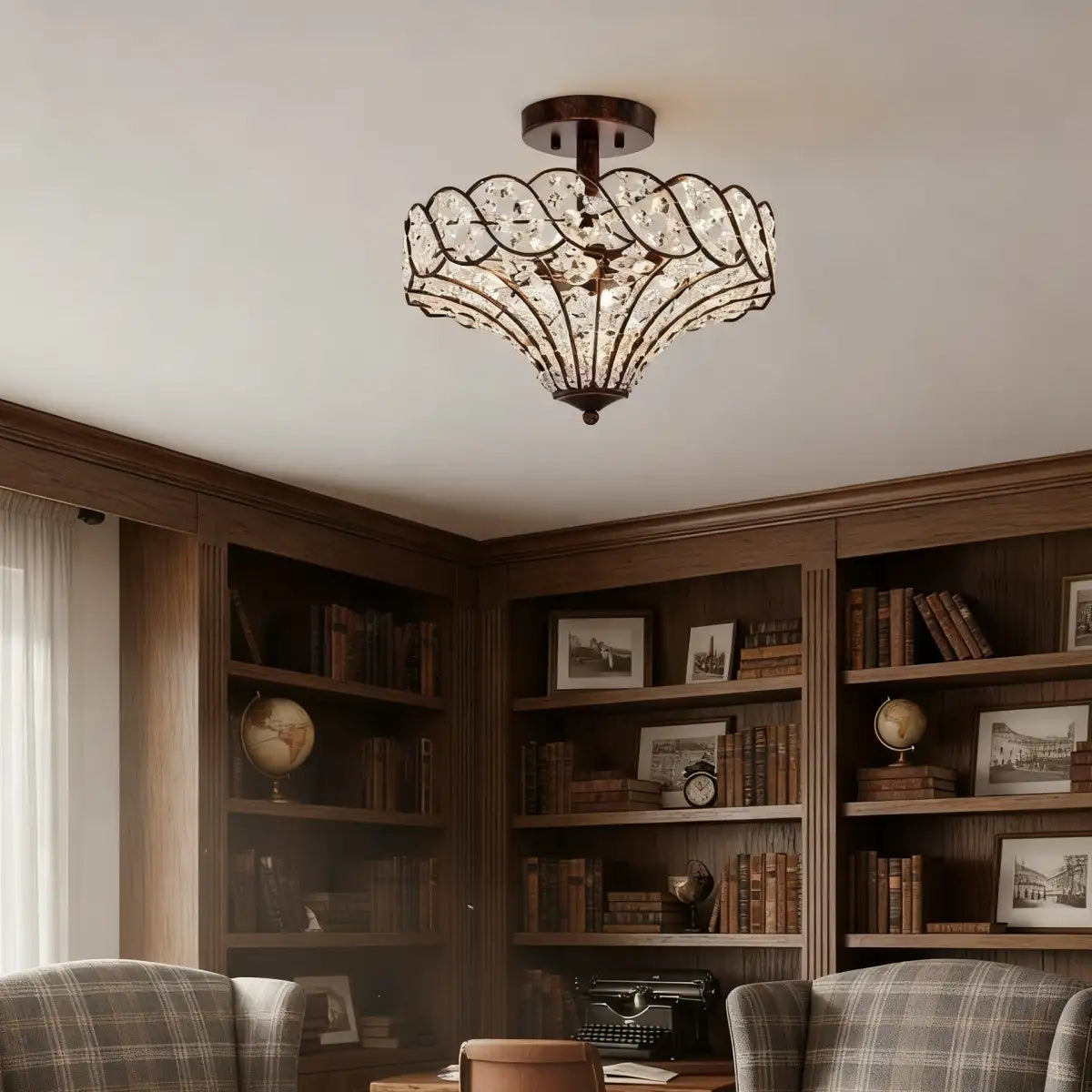 Caius Vintage Rustic 4-Light Crystal Bronze Ceiling Light