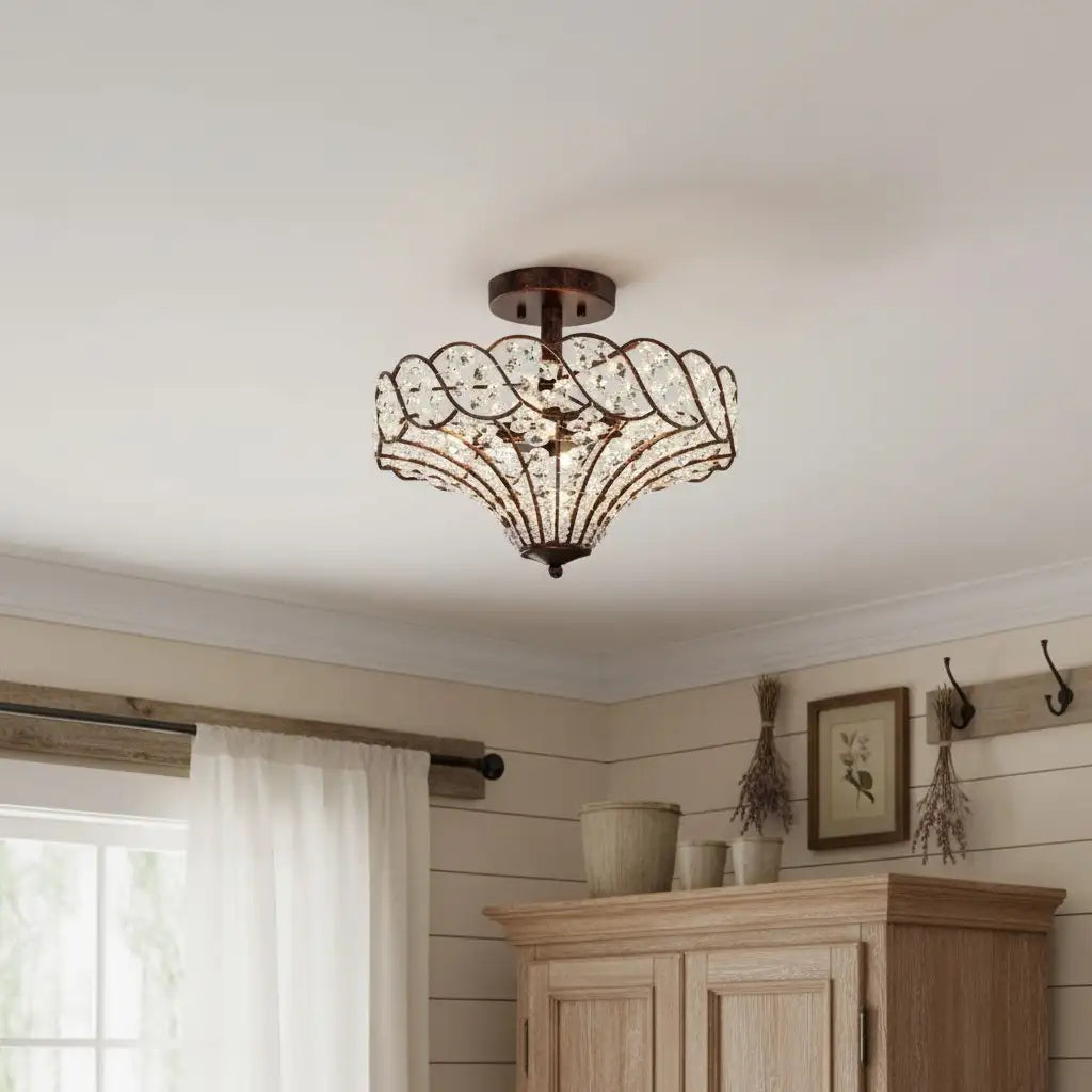 Caius Vintage Rustic 4-Light Crystal Bronze Ceiling Light