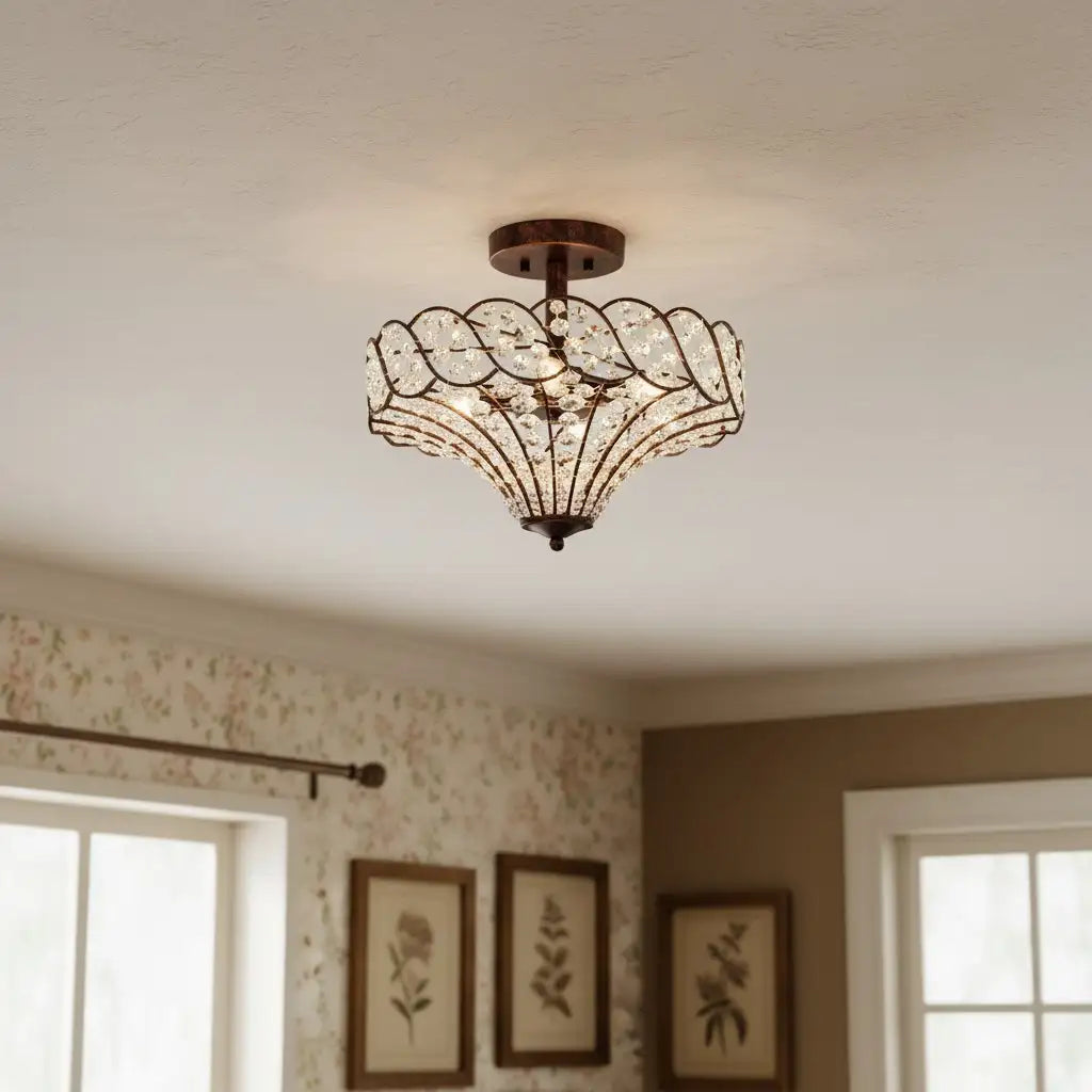 Caius Vintage Rustic 4-Light Crystal Bronze Ceiling Light
