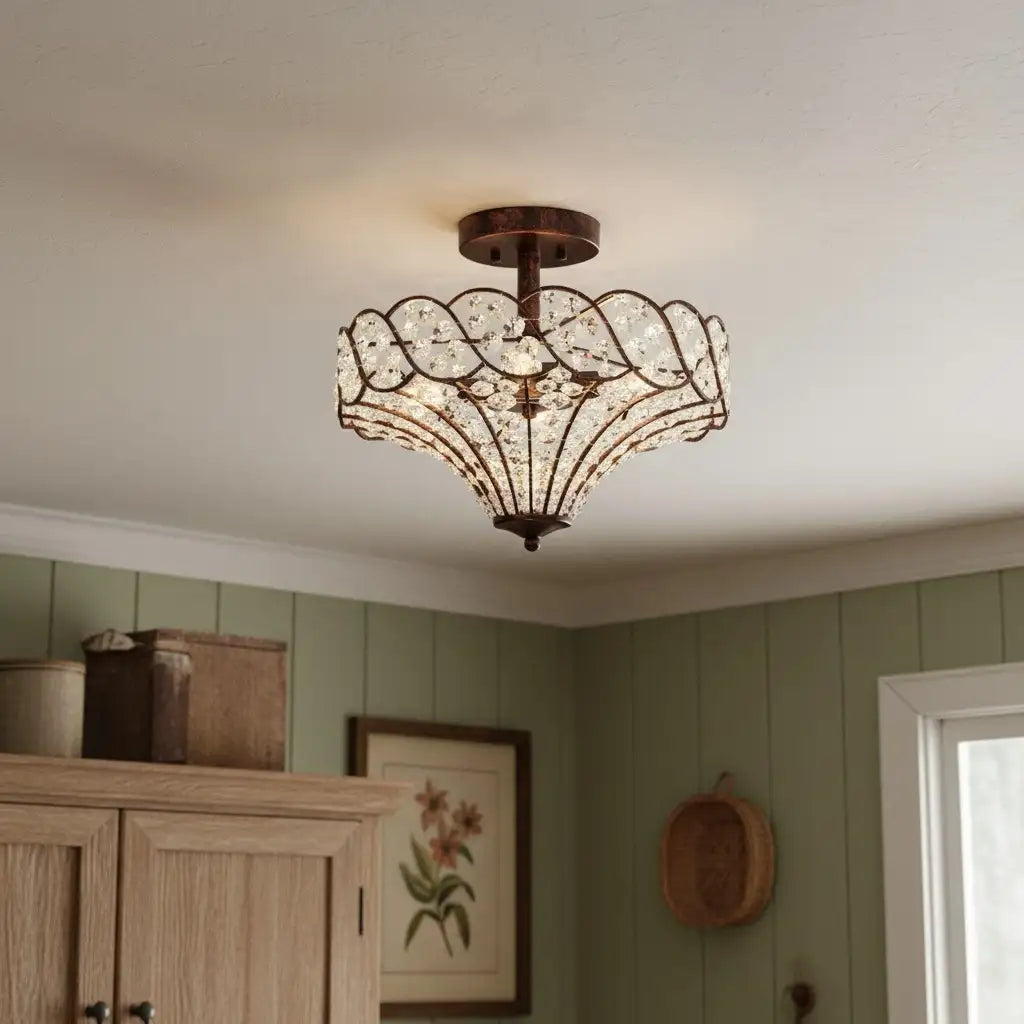 Caius Vintage Rustic 4-Light Crystal Bronze Ceiling Light