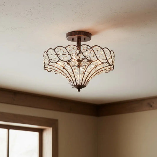 Caius Vintage Rustic 4-Light Crystal Bronze Ceiling Light