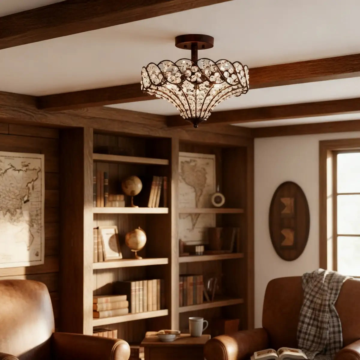 Caius Vintage Rustic 4-Light Crystal Bronze Ceiling Light