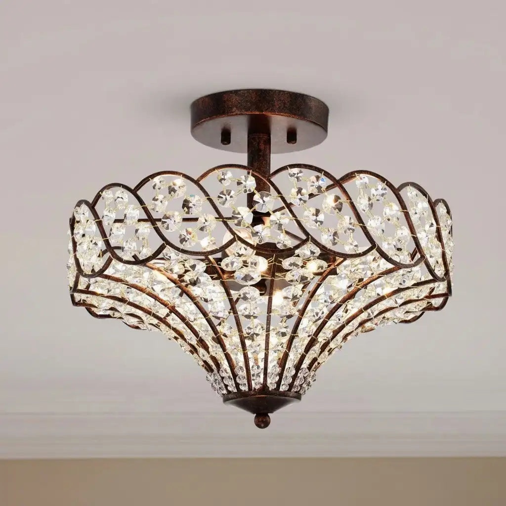 Caius Vintage Rustic 4-Light Crystal Bronze Ceiling Light