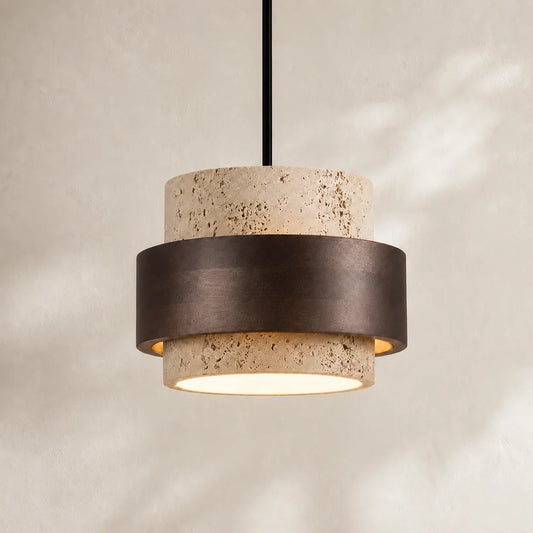 Callan Wabi-Sabi Travertine Stone Walnut Wood Linear Pendant Light