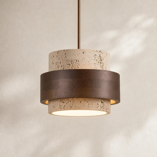 Callan Wabi-Sabi Travertine Stone Walnut Wood Linear Pendant Light