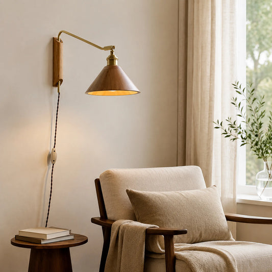 Cassian Modern Wood Brass Swing Arm Wall Sconce