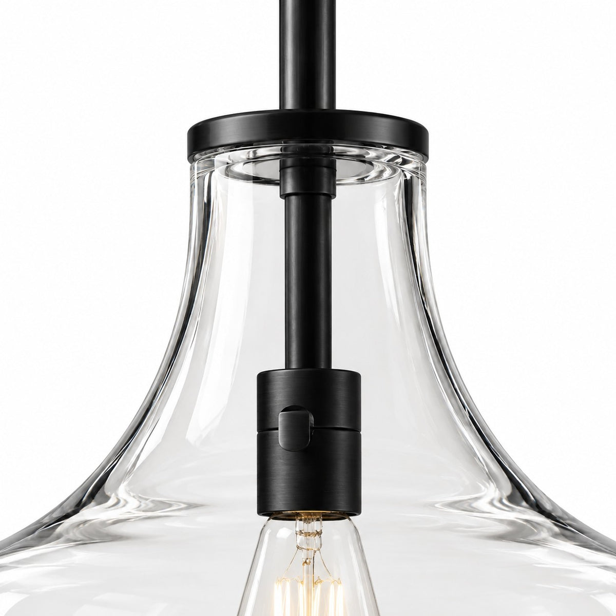 Close view of Cedra's clear bell glass shade and single bulb