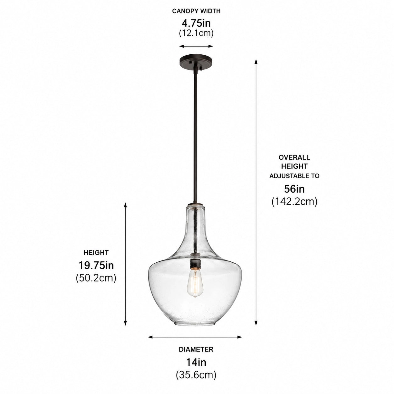 Cedra dimension guide showing a 14 inch diameter shade, 19.75 inch fixture height, 4.75 inch canopy, and adjustable overall height up to 56 inches