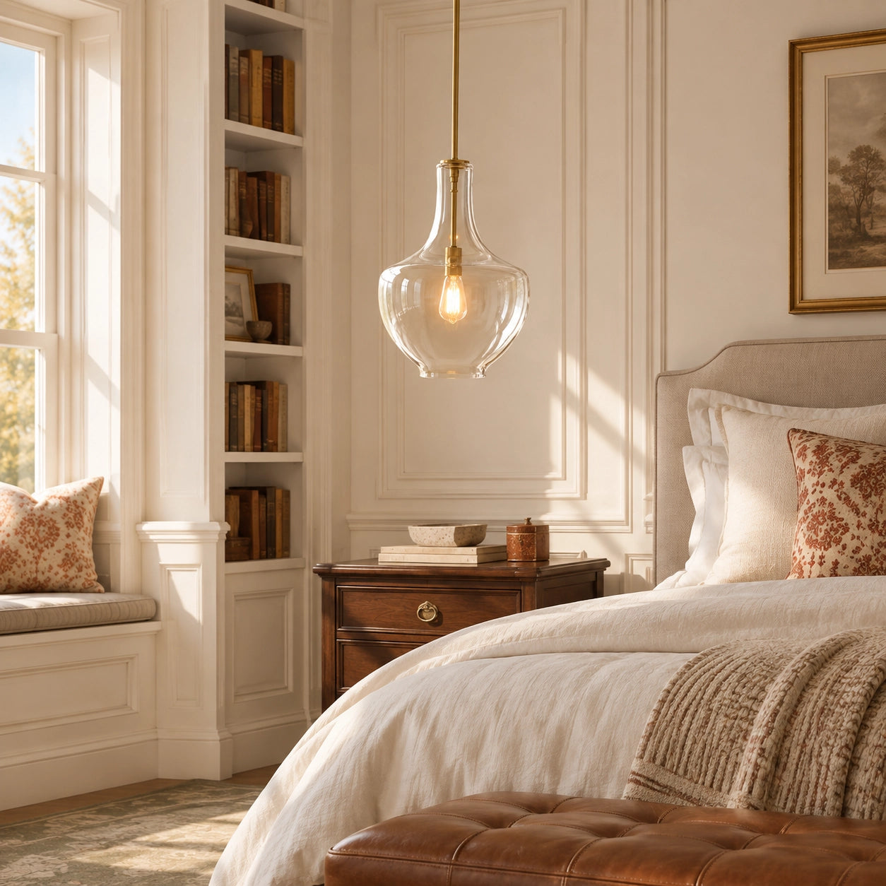 Cedra above a bed in a bright bedroom