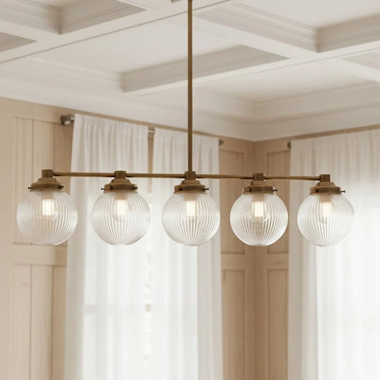 Alden Vintage Brass Ribbed Glass Globe Linear Chandelier
