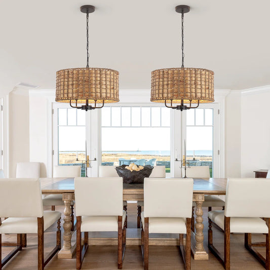 Chione Rustic Bohemian Rattan Drum Pendant Light