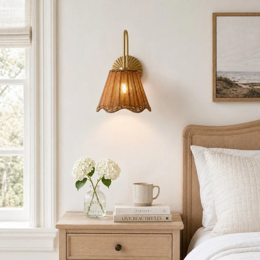 Daryn Vintage Scalloped Rattan Brass Wall Sconce