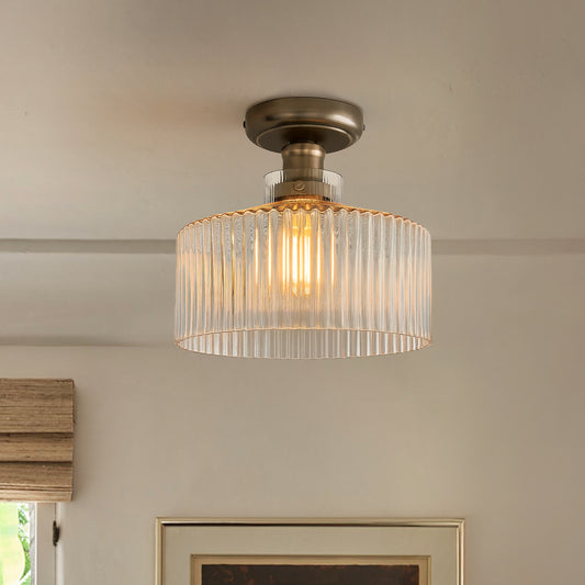 Doto Vintage Ribbed Glass Drum Flush Mount Ceiling Light