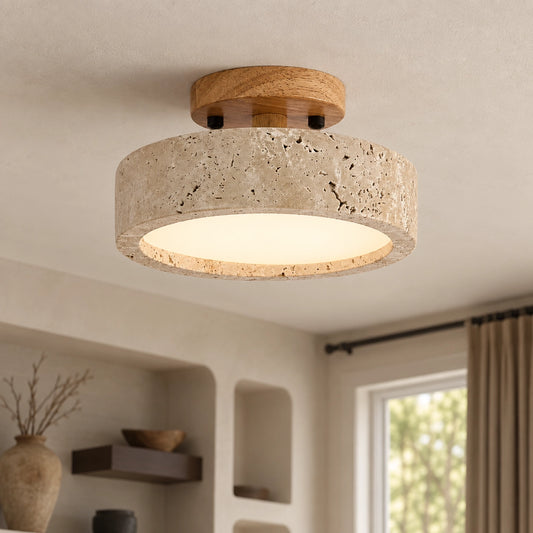Elara Travertine Wood LED Flush Mount Ceiling Light