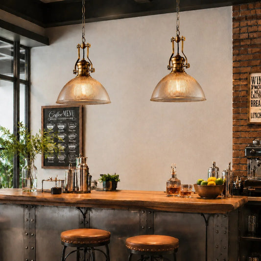 Hugia Farmhouse Industrial Style Striped Glass Bowl-Shaped Pendant Light