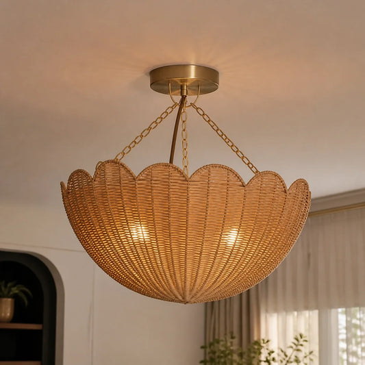 Bohemian Scalloped Rattan 3-Light Semi Flush Mount Ceiling Light