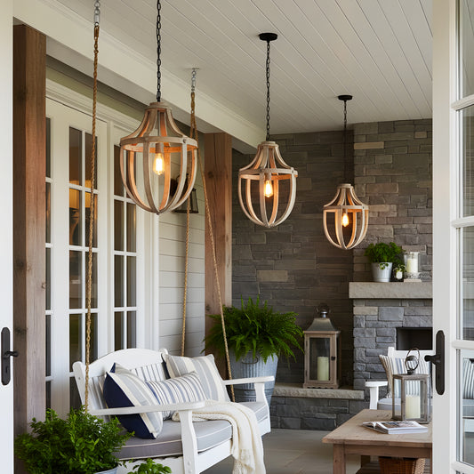 Farmhouse Rustic Wood Pendant with Open Cage Design