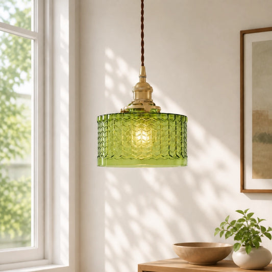 Horkos Industrial Vintage Green Embossed Glass Pendant Light