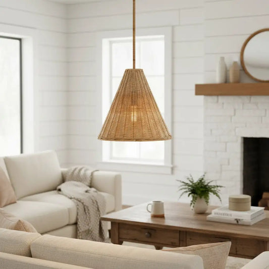 Ilario Rustic Woven Rattan Cone Pendant Light