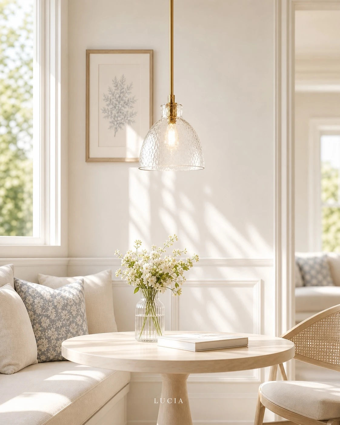 Lucia textured glass pendant lighting a bright, lived-in dining nook