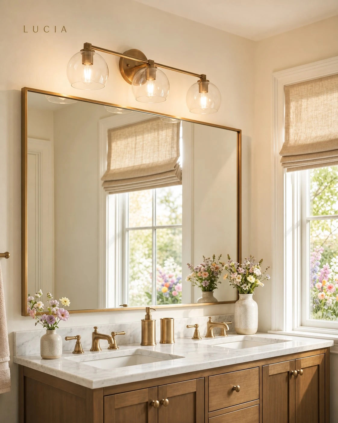 Lucia three-light vanity fixture illuminating a bright bathroom