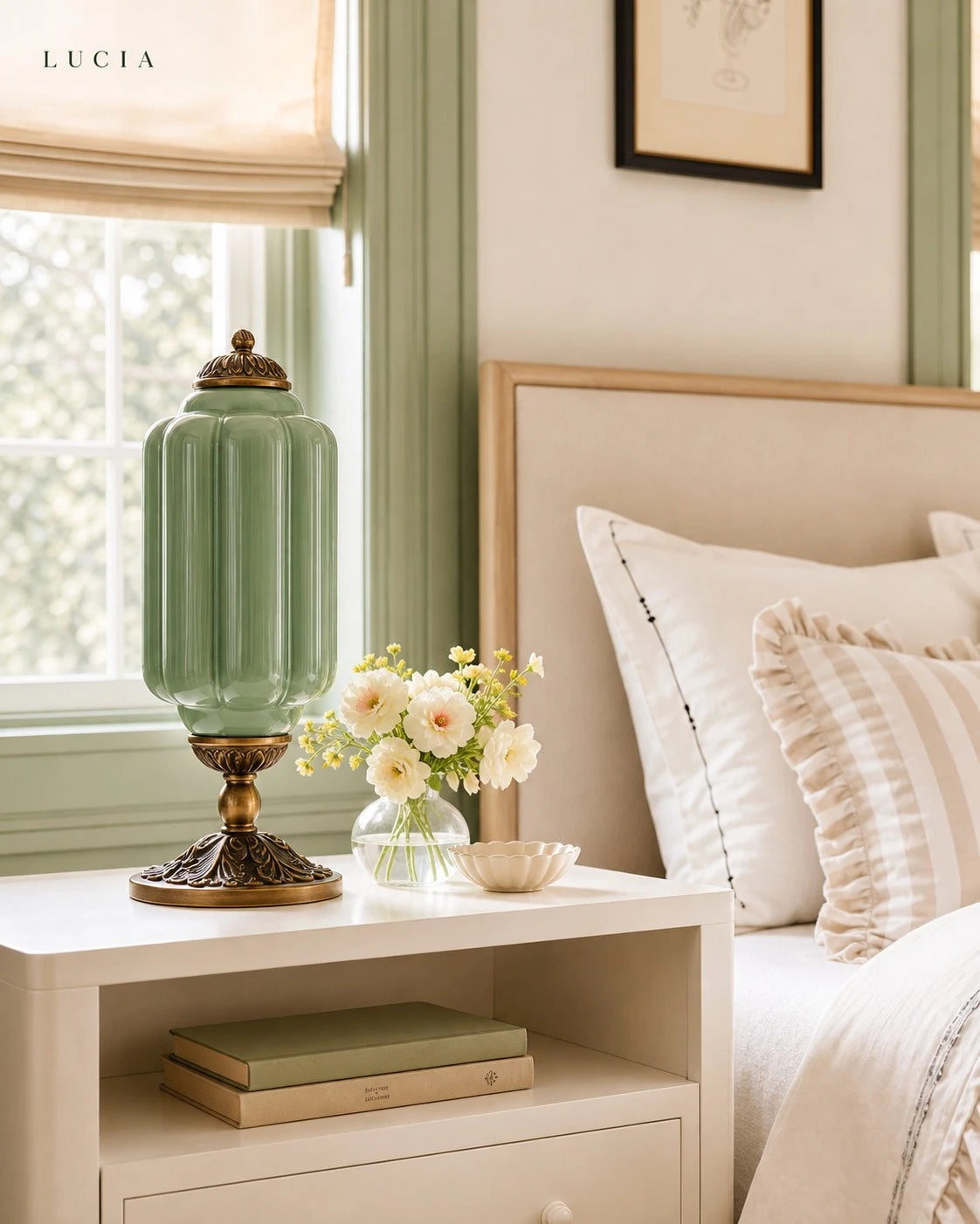 Lucia vintage green glass table lamp in a bright, softly styled bedroom