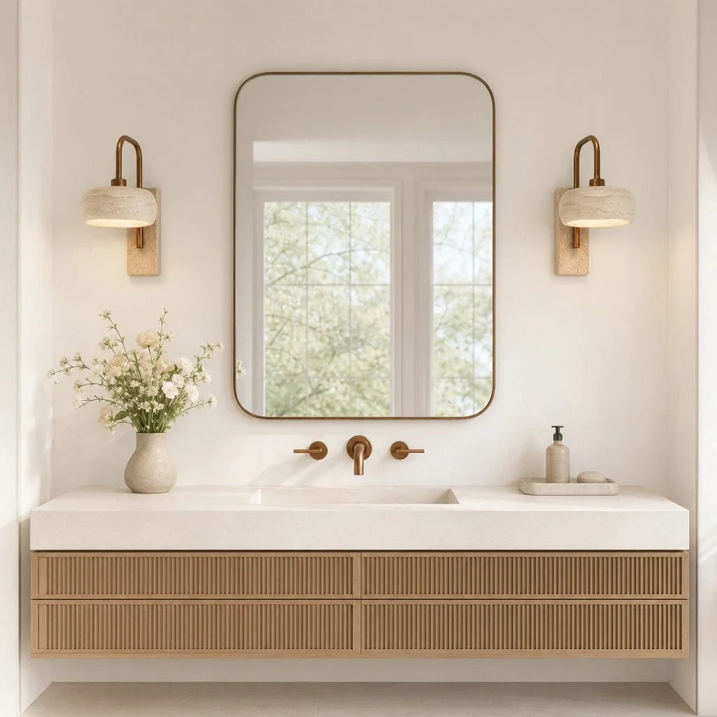 Tavik travertine wall sconce presented with its natural material character