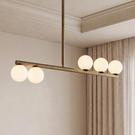 Modern Brass Opal Glass Globe Linear Chandelier