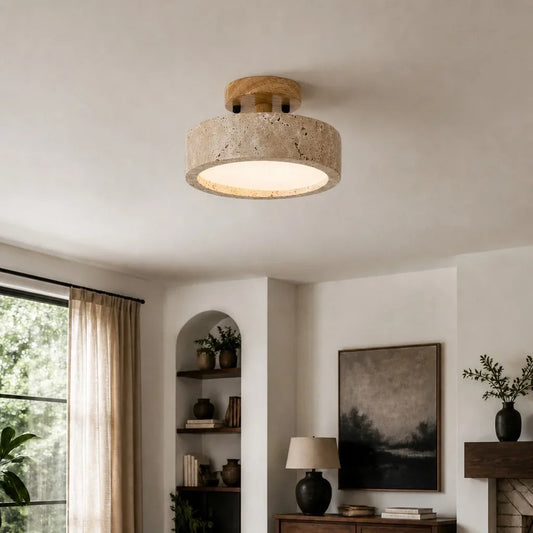 Elara Travertine Wood LED Flush Mount Ceiling Light