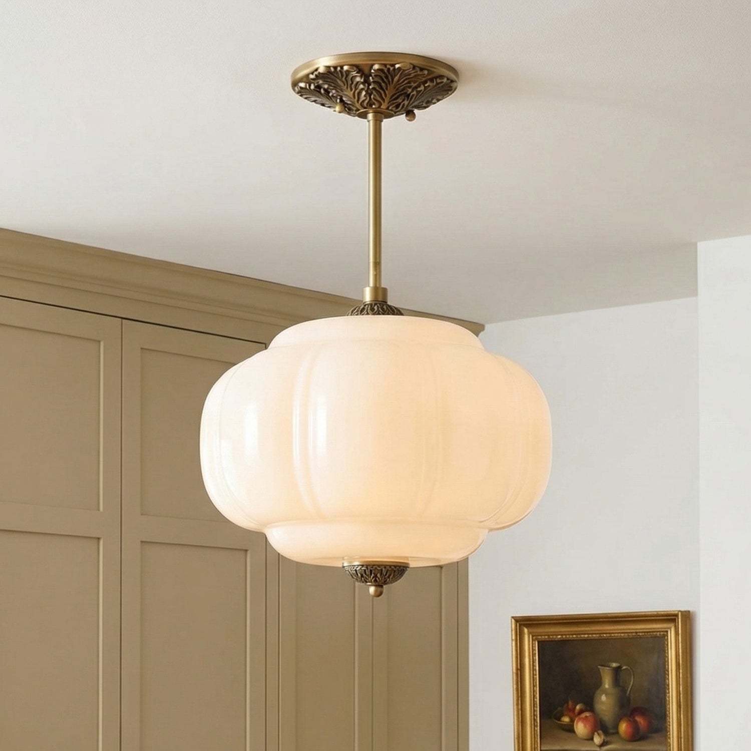 Lumi Antique Brass Green Glass Pumpkin Semi-Flush Mount Eloise Pendant