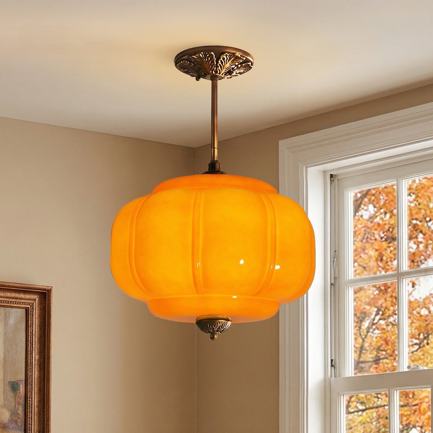 Lumi Antique Brass Green Glass Pumpkin Semi-Flush Mount Eloise Pendant