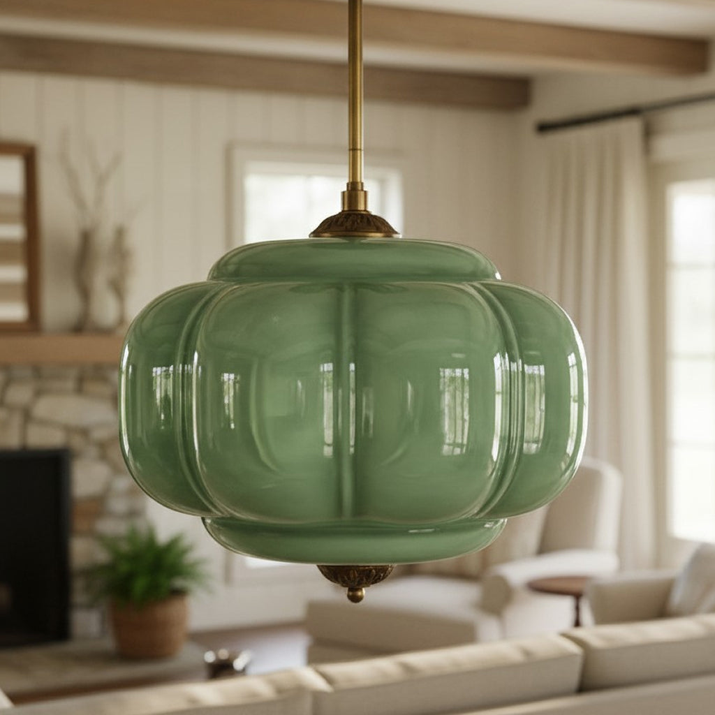 Lumi Antique Brass Green Glass Pumpkin Semi-Flush Mount Eloise Pendant (4).jpg__PID:0d182e70-4bff-4cc2-ab48-4c169d0c25d7