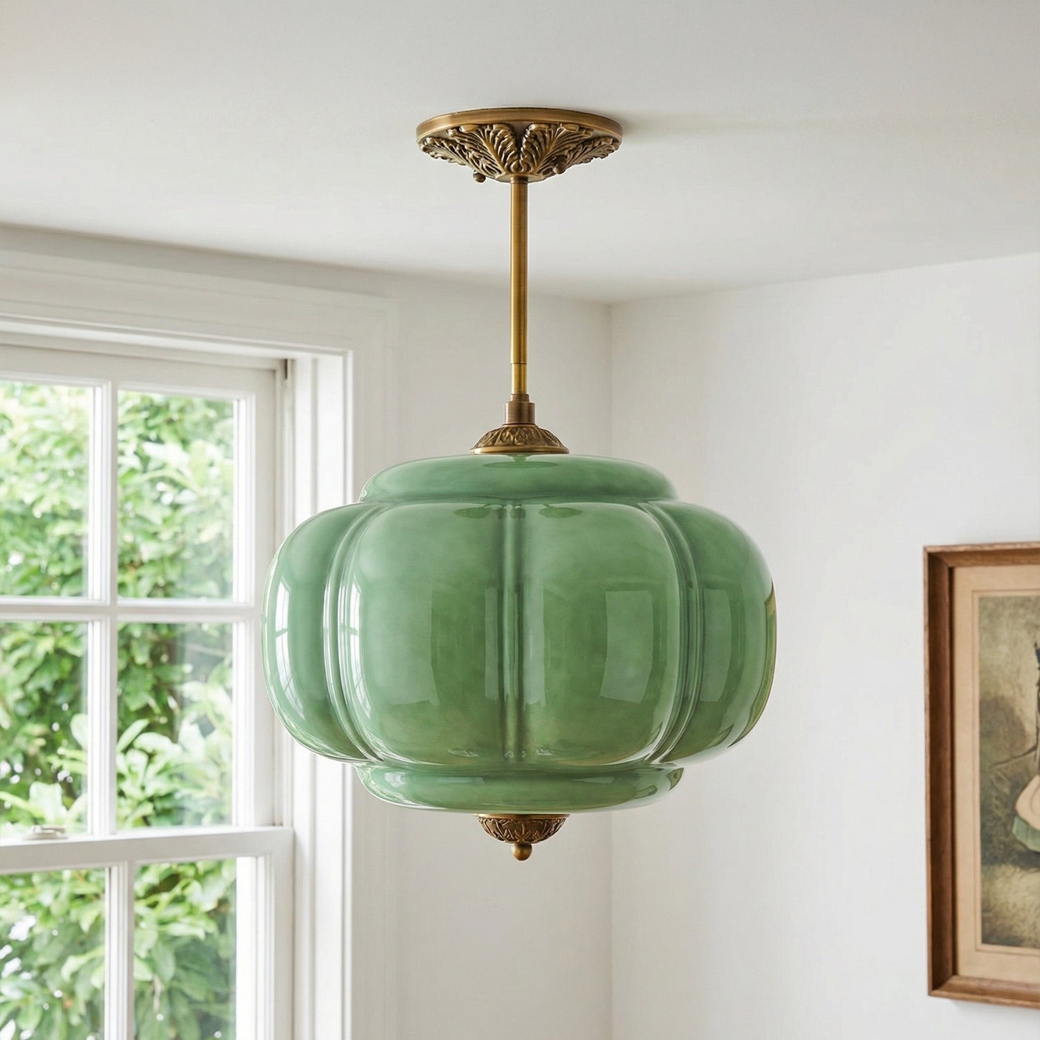 Lumi Antique Brass Green Glass Pumpkin Semi-Flush Mount Eloise Pendant