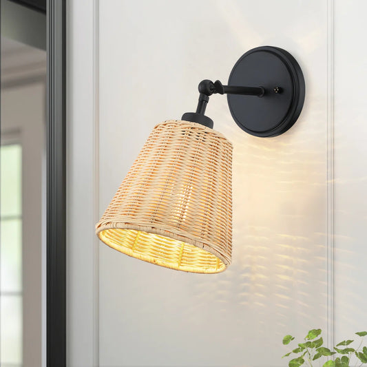 Lunaris Rustic Rattan Cone Swing Arm Wall Sconce