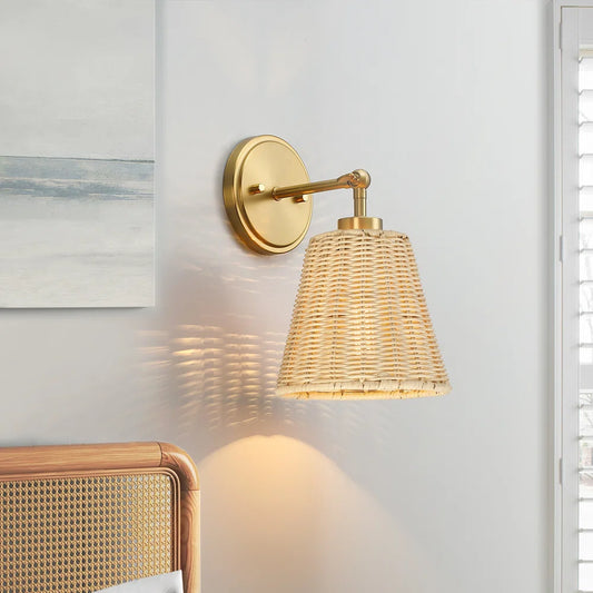 Lunaris Rustic Rattan Cone Swing Arm Wall Sconce