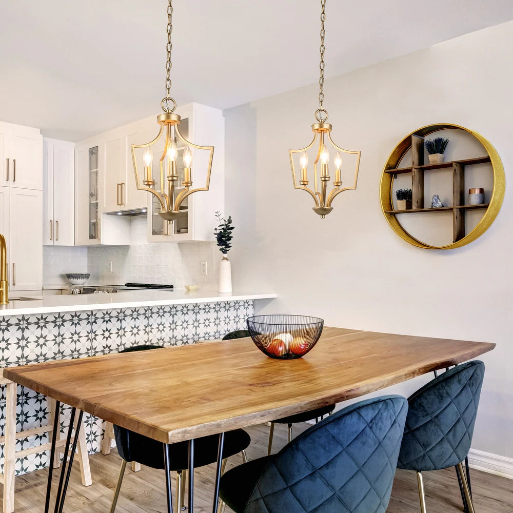 Mid-century Farmhouse Gold 3-Light Lantern Chandelier Lucia Living