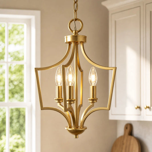 Lustre lanterne doré à 3 lumières de style ferme du milieu du siècle pour îlot de cuisine