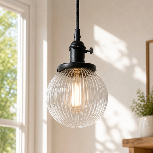 Orenz Vintage Ribbed Glass Globe Pendant Light