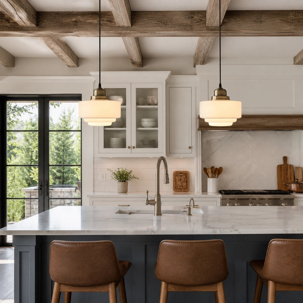 Orion Vintage Milk Glass Pendant Light above kitchen island