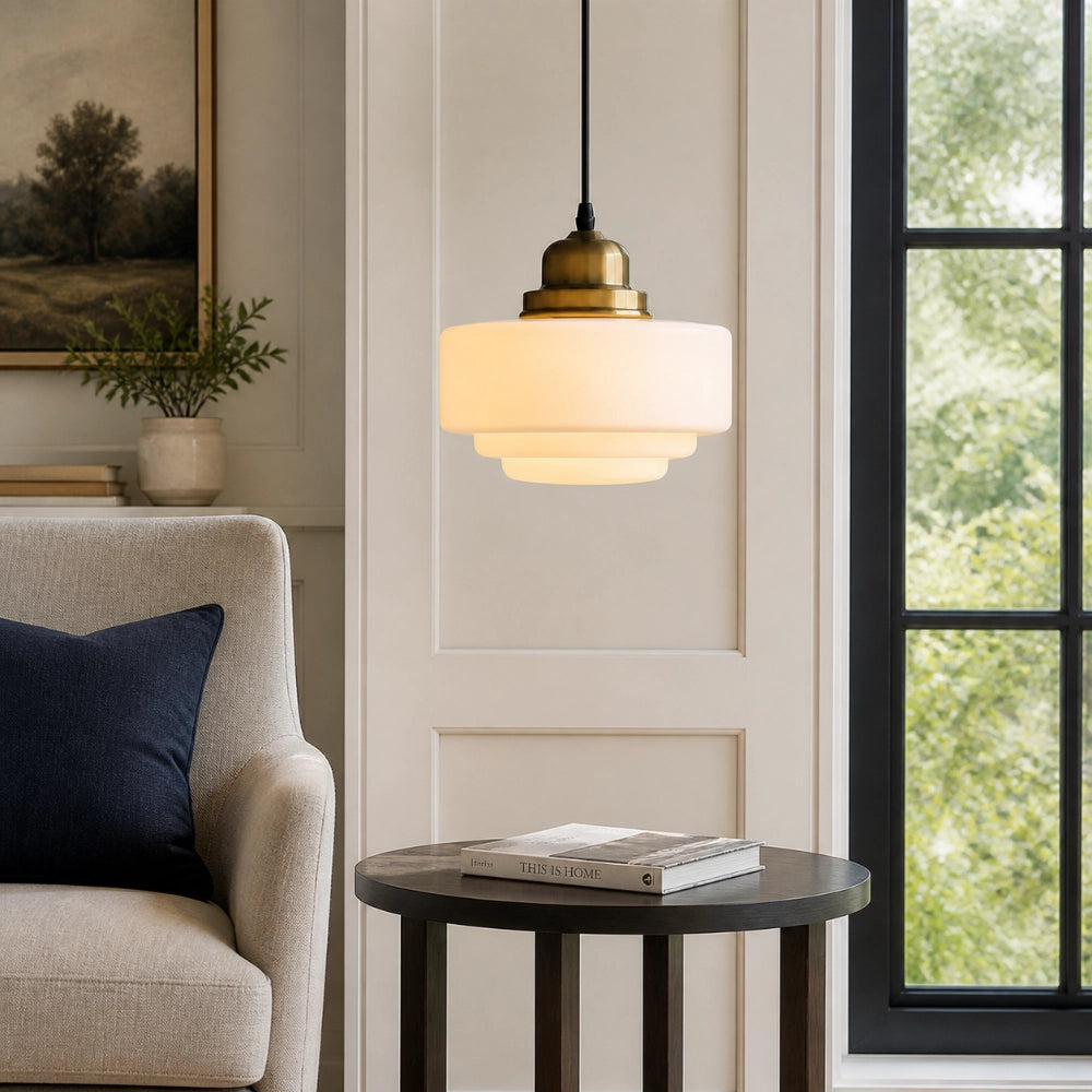 Orion Vintage Milk Glass Pendant Light beside sofa