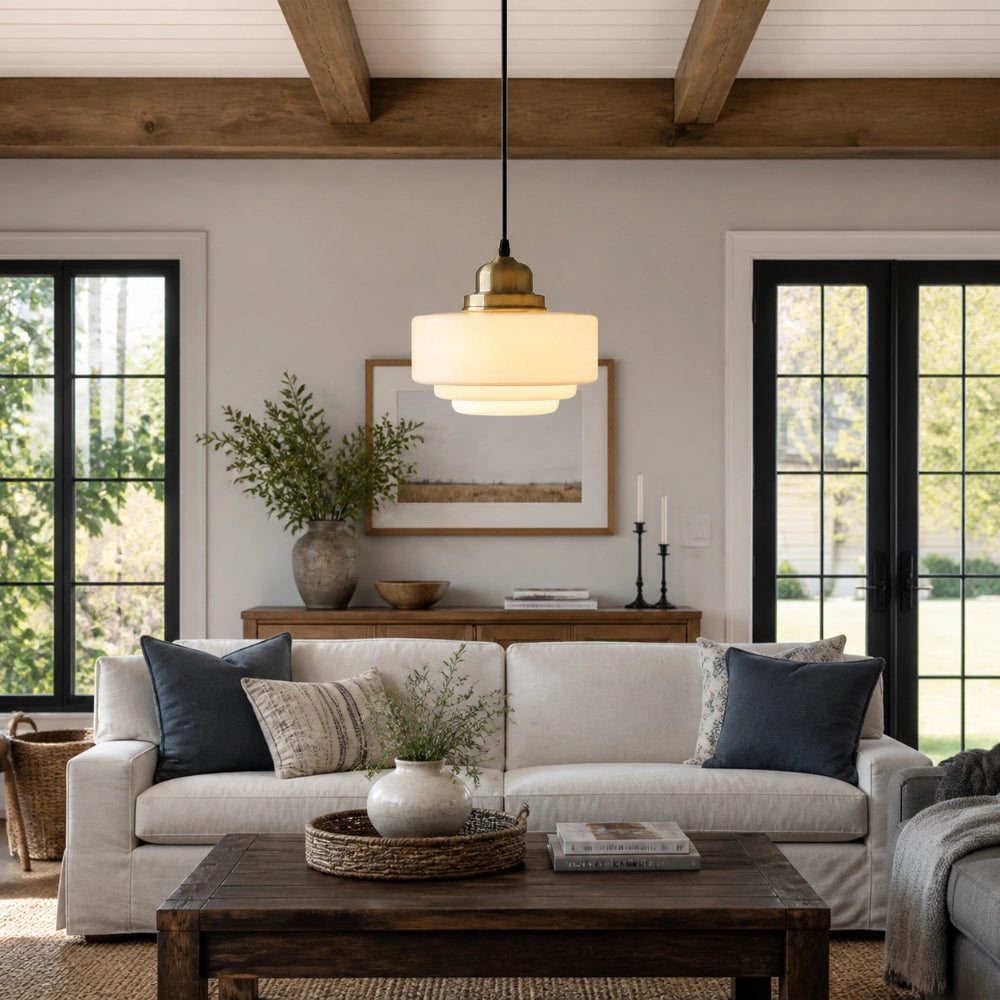 Orion Vintage Milk Glass Pendant Light in living room